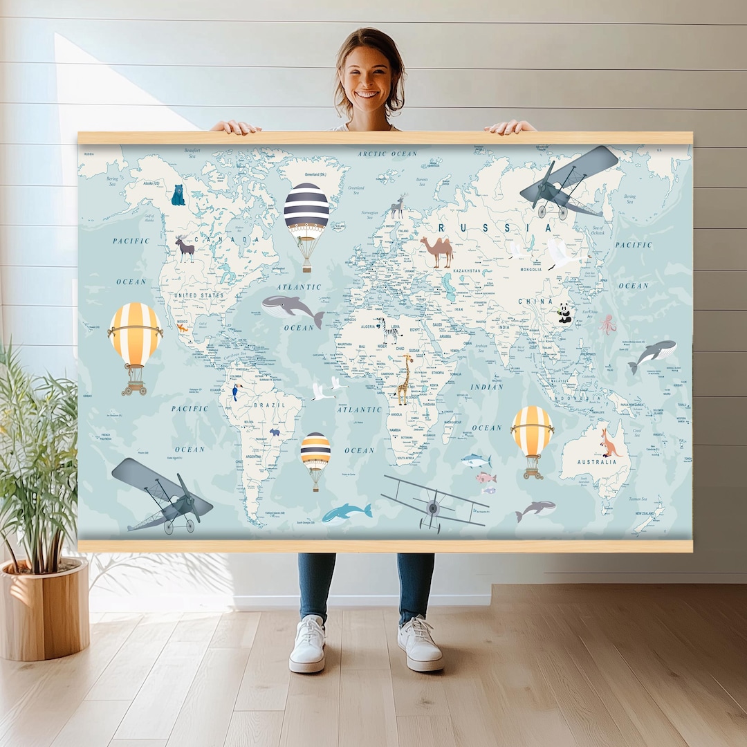 World Map for Kids Room Wall Art | Fun Animals and Adventure Canvas ...