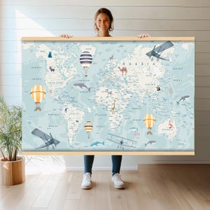 World Map for Kids Room Wall Art | Fun Animals and Adventure Canvas Print | Educational Tapestry Wall Hanging for Playroom Decor hn170