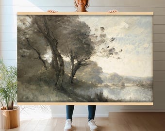 May include: A painting of a landscape with trees and a river. The sky is a light blue with some clouds. The trees are a dark green and brown. The river is a light blue and reflects the sky.