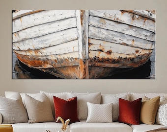 Rustic Nautical Wall Art - Weathered Boat Canvas Print - Vintage Coastal Decor for Living Room - Large Framed Ocean Art md262