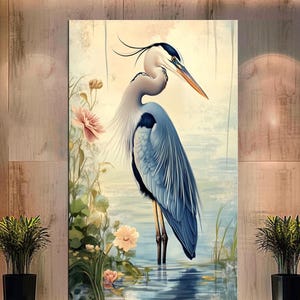 Stampa su tela Airone blu / Elegante stampa da parete con uccelli per gli amanti della natura / Grande stampa ad acquerello di airone / Decorazione da parete costiera per soggiorno m432