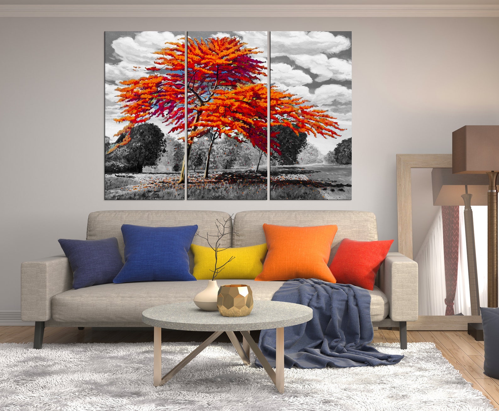 Red Trees Wall Art Set Large Abstract Tree Canvas Print Etsy