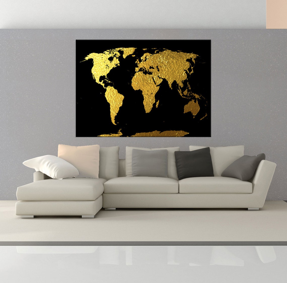 Large Gold World Map Wall Art Print Map Canvas Print Extra Etsy