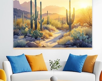 Impresión en lienzo extragrande con puesta de sol en el desierto y cactus/tapiz para colgar en la pared para decoración del hogar inspirada en la naturaleza del suroeste h230