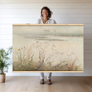 May include: A painting of a foggy landscape with a river in the distance. The foreground features tall, thin plants with delicate branches and small, white flowers. The painting is done in a muted palette of browns, greens, and whites.