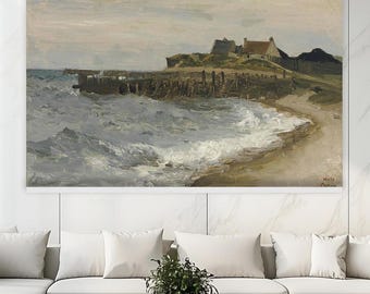 Coastal Landscape Tapestry Wall Hanging | Rustic Seaside Scene Art | Large Vintage Ocean Wall Decor | Tranquil Beachside Tapestry hn104