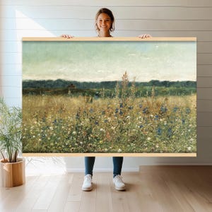 Tapiz vintage de campo de flores silvestres / Impresión en lienzo extragrande / Tapiz textil para colgar en la pared / Decoración rústica de granja / Arte paisajístico hn68