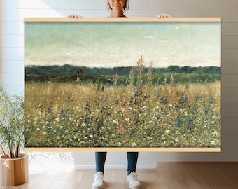 Vintage Field of Wildflowers Tapestry | Extra Large Canvas Print | Textile Wall Hanging | Rustic Farmhouse Decor | Landscape Art hn68