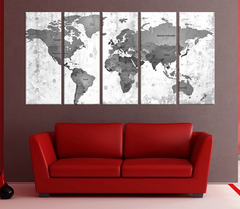 Large canvas art world map wall art print black and white Etsy