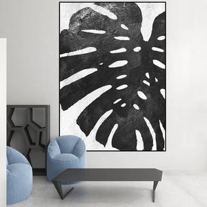 large canvas art, tropical leaf original abstract painting on canvas, modern acrylic painting black and white, large abstract art, image 3