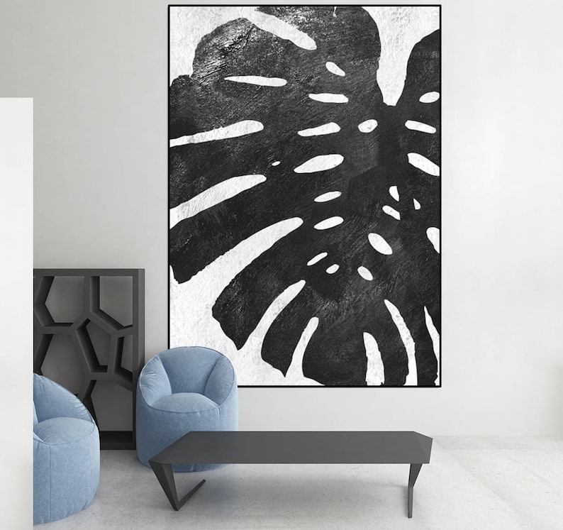 large canvas art, tropical leaf original abstract painting on canvas, modern acrylic painting black and white, large abstract art, image 3