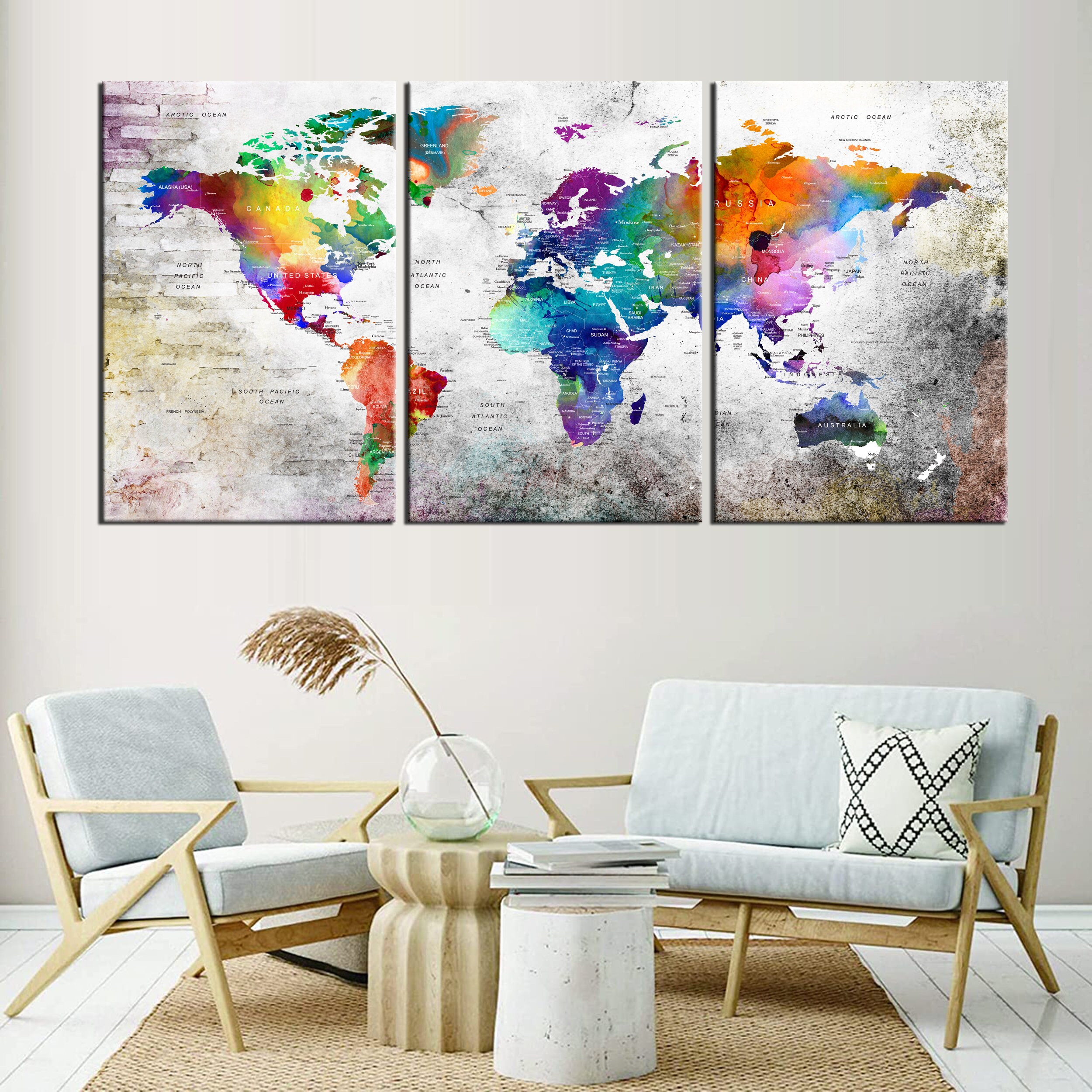 Watercolor World Map Wall Art Canvas Push Pin World Travel Map - Etsy