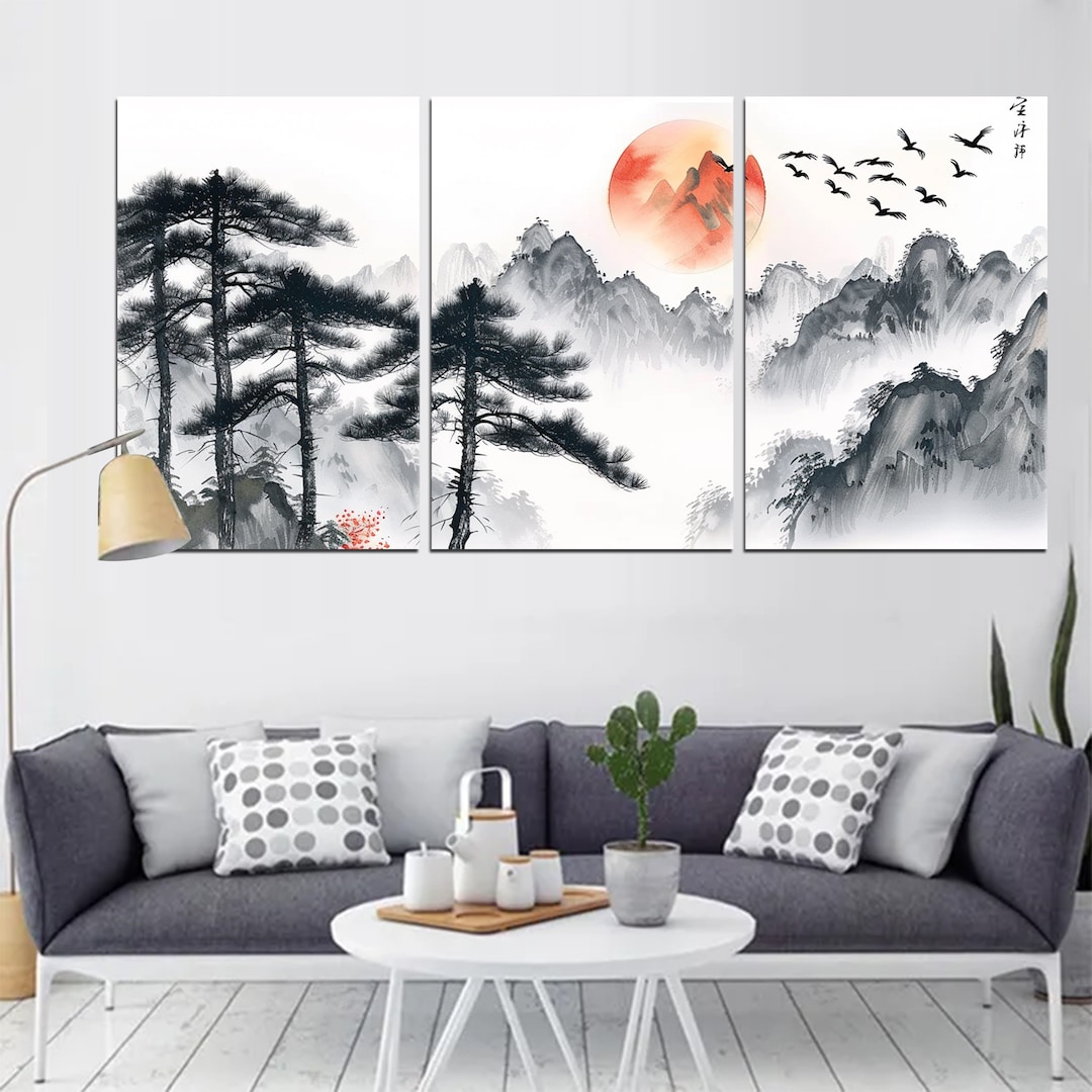 Serene Japanese Ink Wash Landscape Art - Large Wall Decor