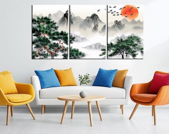 Oriental Mountain Landscape Wall Art | Large Canvas Print | Traditional Asian-Inspired Nature Decor for Living Room or Office md367