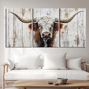 Longhorn Steer Art Print - Rustic Western Wall Decor - Farmhouse Animal Canvas for Ranch Style Interiors for cabin decor md250