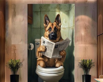 May include: A German Shepherd dog wearing a collar sits on a white toilet, reading a newspaper. The dog is in a bathroom with green tiled walls.