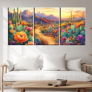 Desert Bloom Canvas Print | Large Southwest Wall Art | Colorful Cactus Sunset Landscape | Nature-Inspired Decor | Ready to Hang Art m388