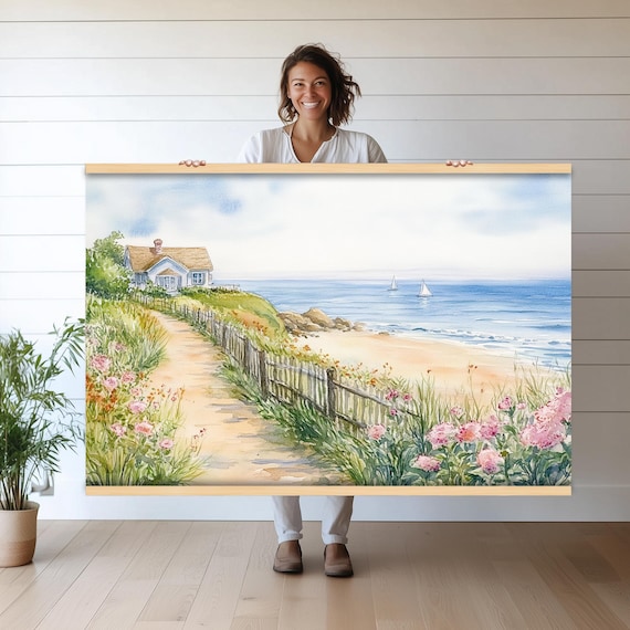 沿岸コテージパスタペストリー壁掛け | ビーチサイド水彩画アート