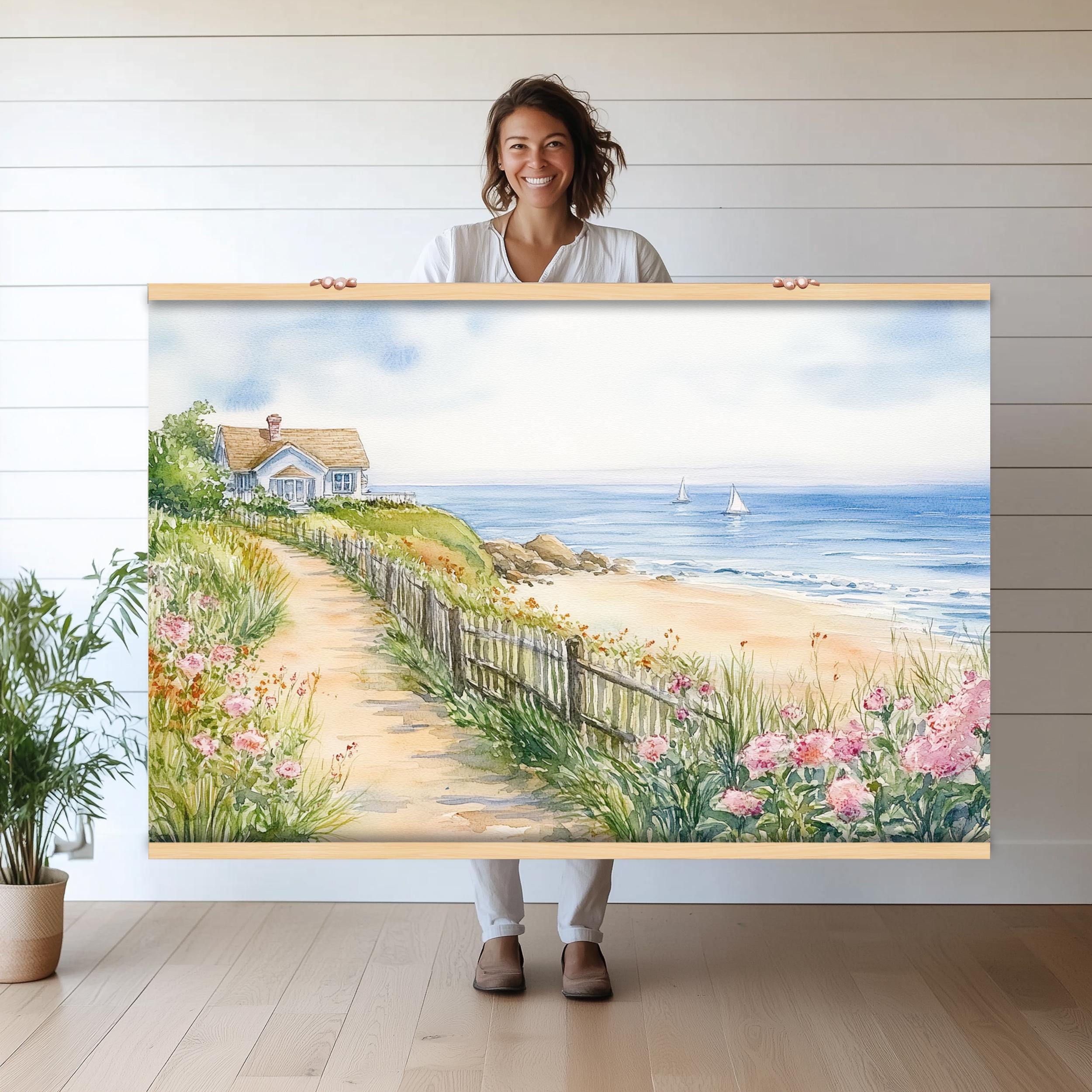 沿岸コテージパスタペストリー壁掛け | ビーチサイド水彩画アート