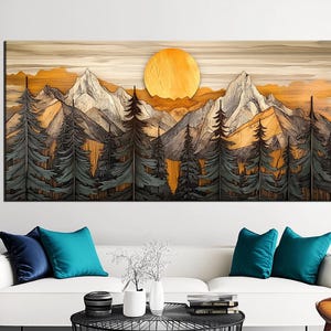Golden Mountain Landscape Canvas Print | Rustic Forest Wall Art | Outdoor Wilderness Decor | Modern Earthy Tones | Cabin Wall Accent md340