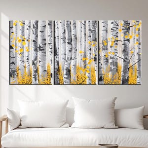 Geel berkenbos canvasafdruk | Moderne botanische muurkunst | Minimalistisch bosdecor voor woonkamer | Natuurlandschapsafdruk md346