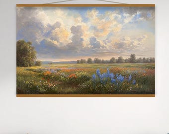 Large Canvas Print Tapestry Wall Hanging | Wildflower Meadow Sunset Landscape | Farmhouse Nature Decor | Vibrant Field Art h136