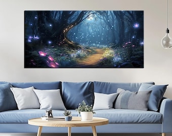 Impresión en lienzo de sendero forestal místico / Arte de pared grande encantado / Obra de arte de paisaje natural mágico para decoración de sala de estar o dormitorio md458