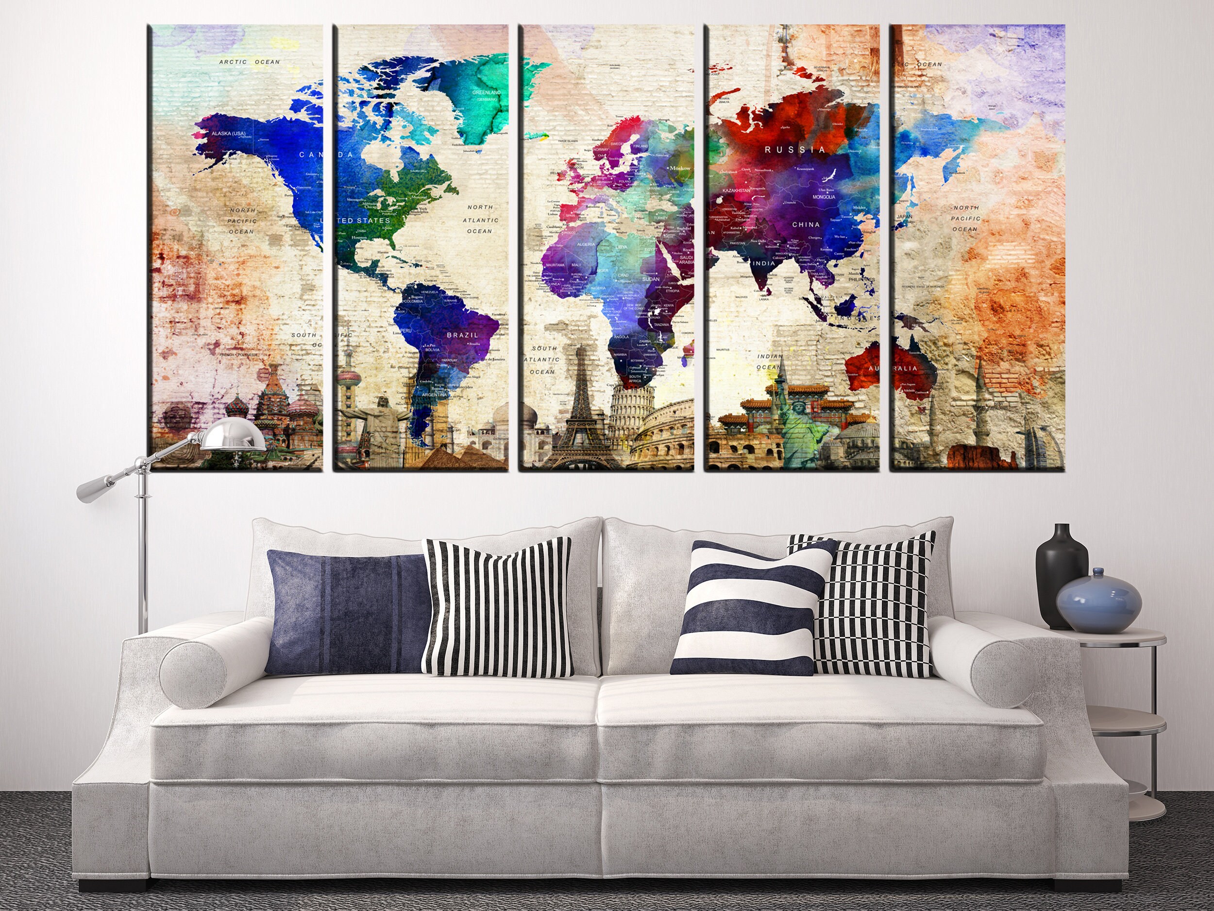 Large Wall Art Push Pin World Map Canvas Print Travel World - Etsy