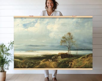 Vintage Seaside Landscape Tapestry | Extra Large Canvas Wall Hanging | Countryside Art Print | Farmhouse Decor | Vintage Textile Art hn71