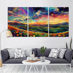 Colorful Starry Night Sky Landscape Canvas Print | Ethereal Nature Painting with Vibrant Flowers | Dreamy Night Sky Wall Art md123