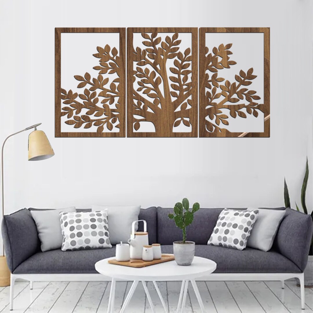 Wood Wall Art Tree Large 3 Panel Set Modern Living Room Decor Etsy