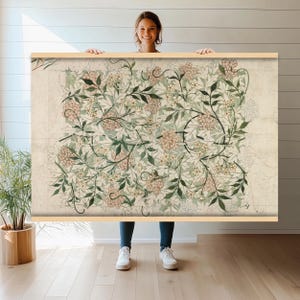 May include: A vintage botanical illustration featuring a delicate floral pattern with white and pink flowers and green leaves on a cream background.