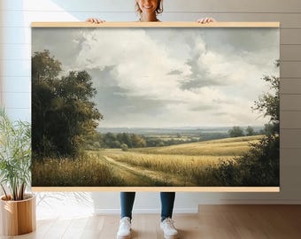 Bardzo duży wydruk na płótnie Vintage Landscape | Tekstylia do powieszenia na ścianie Country Field | Rustykalna sztuka w stylu wiejskiego domu do wystroju domu h77
