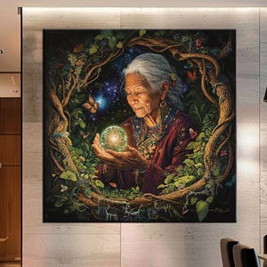 Mother Gaia Earth Canvas Print – Magical-Fantasy Spiritual Mother Nature Art with Mystical Elder and Glowing Orb md277