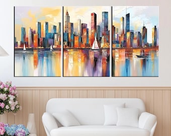 Vibrant Cityscape Canvas Print | Modern Skyline Wall Art | Large Colorful Urban Landscape Artwork for Living Room or Office Decor md400