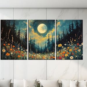 Enchanted Forest Under Full Moon Canvas Print - Mystical Night with Wildflowers, Starry Sky, and Dreamy Landscape Wall Art md317
