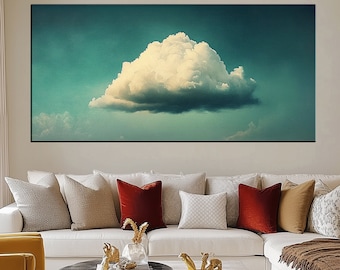 Paisaje de nubes sereno: cielo azul de ensueño y nube blanca esponjosa, impresión en lienzo para calma y relajación en la decoración del hogar y la oficina md229