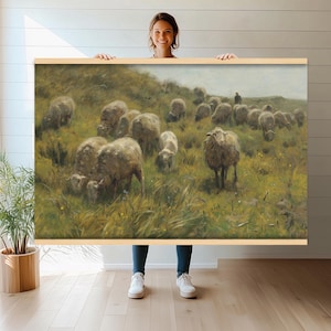 羊の田園風景タペストリー壁掛け | 素朴な農家の自然の装飾 | 大きなウールの動物の壁アート | 居心地の良い田舎のアート h103