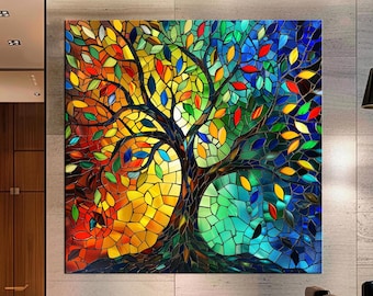 Stained Glass Yggdrasil Tree of Life Canvas Print – Vibrant Mosaic Wall Art for Spiritual, Nature-Inspired, and Modern Home Decor md288