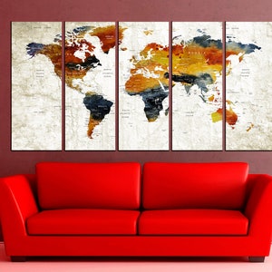 Push Pin World Map Wall Art Print Watercolor Canvas Print - Etsy