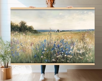 Large Canvas Print Tapestry Wall Hanging | Wildflower Meadow Countryside Art | Farmhouse Wall Decor | Rustic Nature Landscape h137