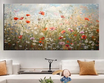 Impresión en lienzo enmarcada de prado de flores silvestres / Arte mural botánico / Pintura de paisaje de campo floral / Decoración inspirada en la naturaleza / Arte cottagecore m140