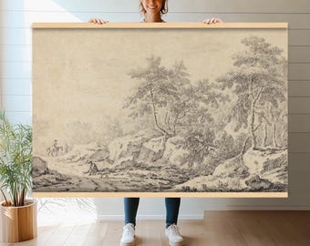 May include: A black and white drawing of a landscape with trees and a path. The drawing is on a light brown background.