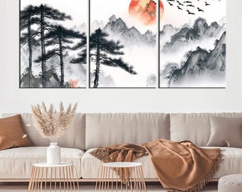 Serene Japanese Ink Wash Landscape Art - Large Wall Decor