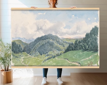 Extra Large Wall Art - Green Landscape Vintage Painting - Mountain