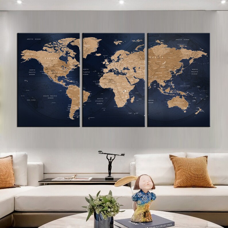 Navy Blue World Map Push Pin Wall Art Canvas Print 3 Panel Etsy