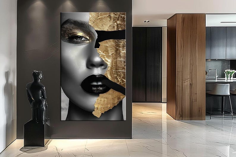 Black and Gold Abstract Face Canvas Print | Large Modern Wall Art ...