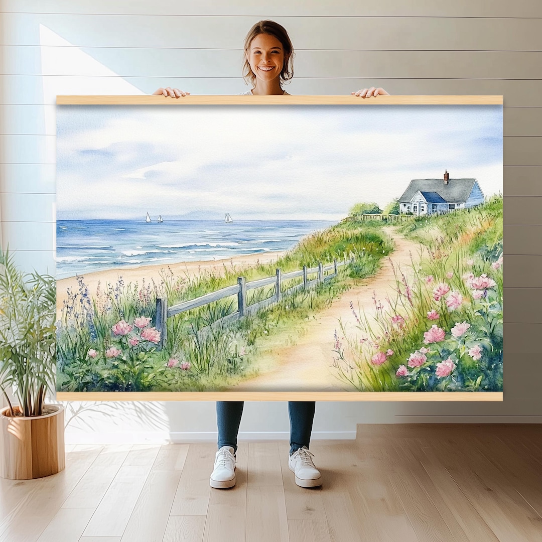 Coastal Cottage Beach Path Wall Art | Large Seaside Watercolor Canvas ...