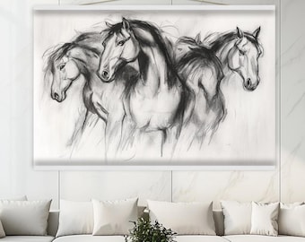 Wild Horses Sketch Tapestry Wall Hanging | Large Horse Art Decor | Equestrian Pencil Drawing | Rustic Black & White Wall Decor  h130
