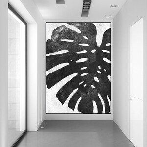 large canvas art, tropical leaf original abstract painting on canvas, modern acrylic painting black and white, large abstract art, image 2